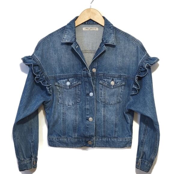 Mavi Jeans Co. Crop Ruffle Shoulder Medium Wash Denim Jacket Size XS - Picture 1 of 8